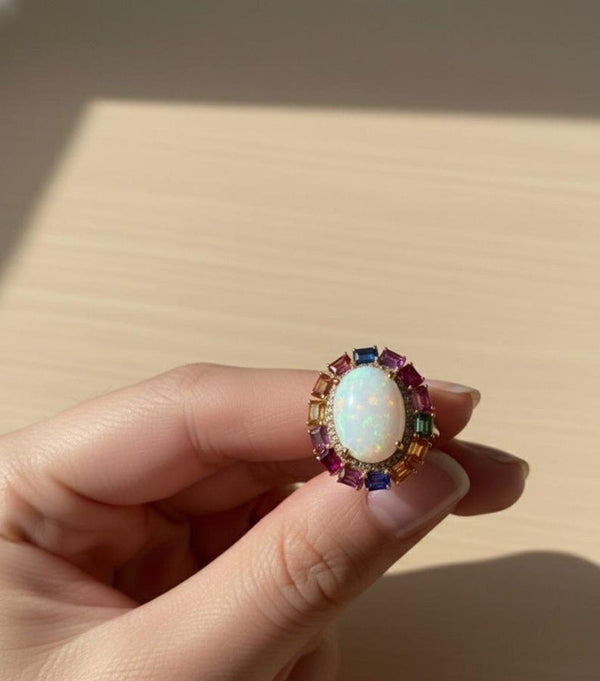 Ethiopian Opal and Rainbow Sapphire Halo Ring 14K Gold Oval and Emerald cut Gemstone Statement Ring