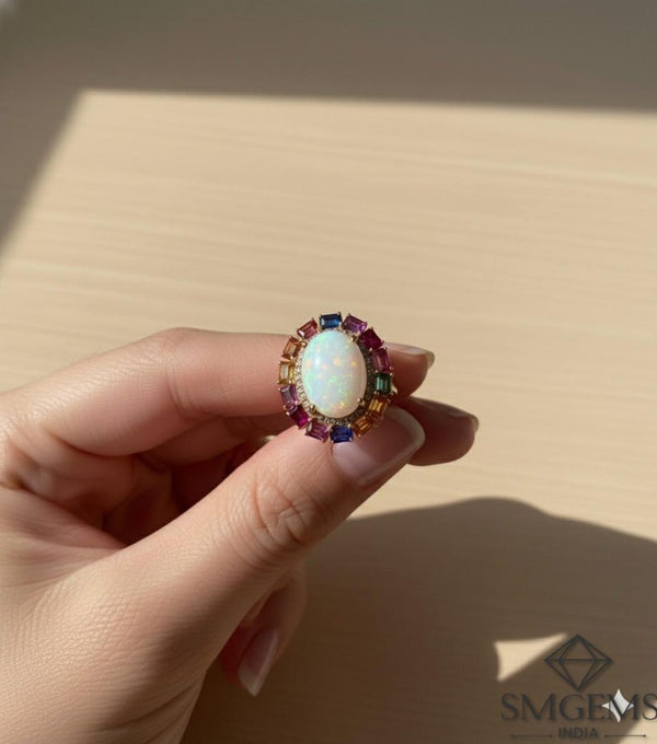 Doppelter Smaragd-Ring in offenem Design aus 14 Karat Gold – Band mit quadratisch und rund geschliffenen grünen Edelsteinen