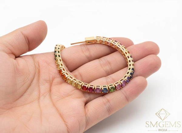 Rainbow Sapphire Tennis Bracelet 14k Gold Round Natural Multi Gemstone