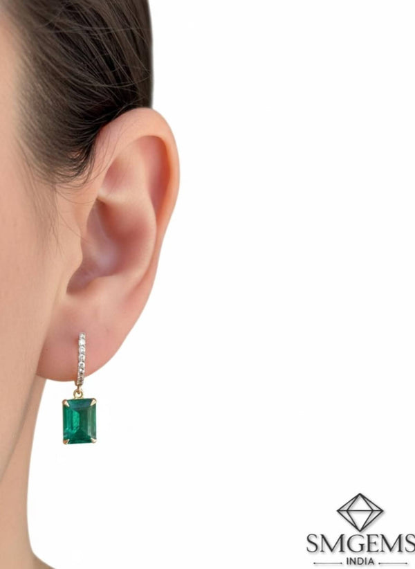 Elegant Emerald cut Natural Emerald Halo Drop Earrings in 14K Yellow Gold Geometric Design (Copy)