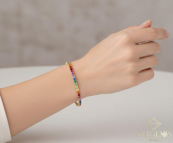 Rainbow Sapphire Tennis Bracelet 14k Gold Round Natural Multi Gemstone