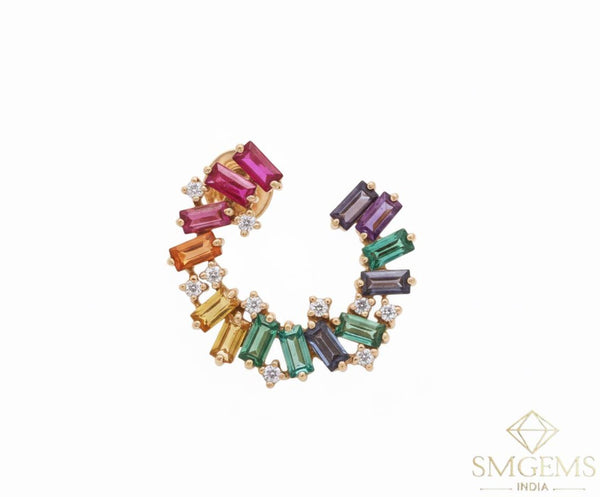2.80 Carat Rainbow Baguette Gemstone Hoop Earring in 14K Gold Colourful Statement Jewelry