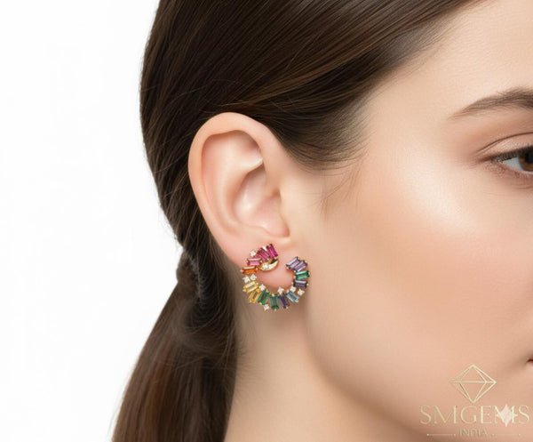 2.80 Carat Rainbow Baguette Gemstone Hoop Earring in 14K Gold Colourful Statement Jewelry