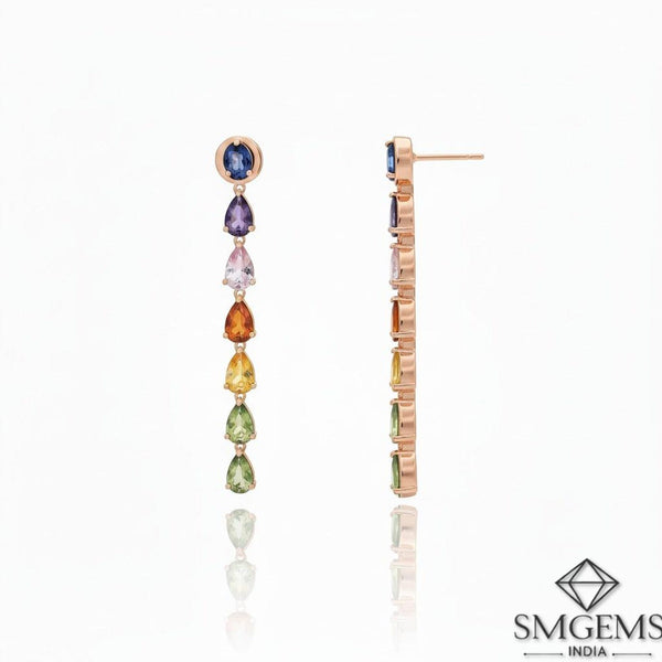 Rainbow Drop Gemstone Earrings in 14K Gold Multicolour Pear Shape Dangle Earrings