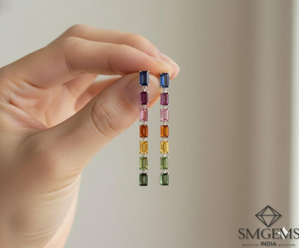 Emerald Cut Rainbow Gemstone Drop Earrings Multi-Color Long Dangle Earrings in 14K and 18K Gold