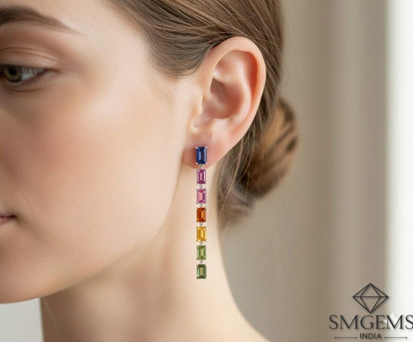 Emerald Cut Rainbow Gemstone Drop Earrings Multi-Color Long Dangle Earrings in 14K and 18K Gold