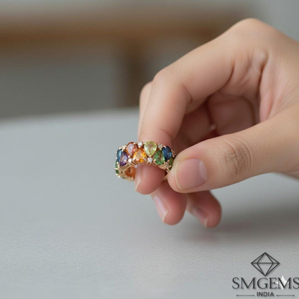 Pear shaped 3- 4 carat Rainbow ombre eternity band ring In 14K and 18K gold