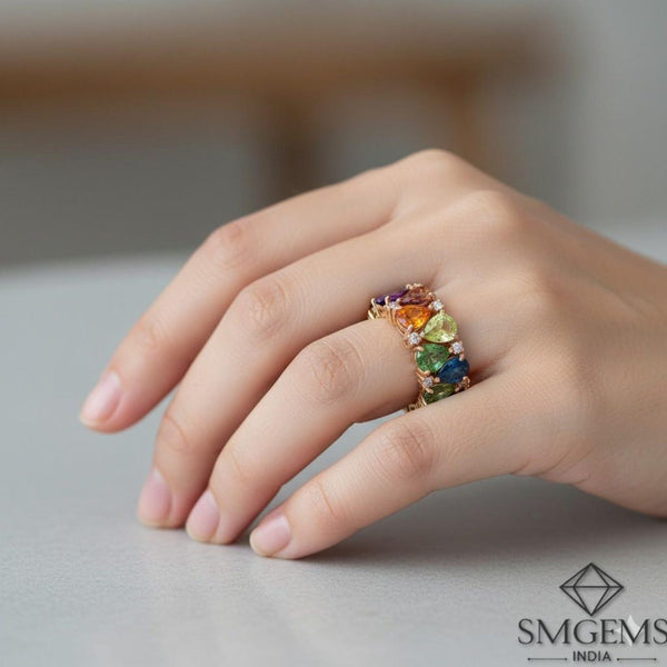 Pear shaped 3- 4 carat Rainbow ombre eternity band ring In 14K and 18K gold