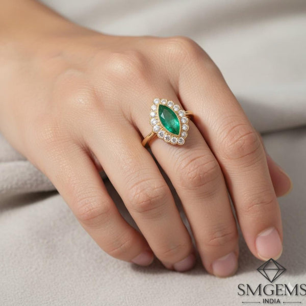Classic Emerald Halo Ring Marquise Cut Green Stone in 14K Gold Fine Jewlery Gift for Her
