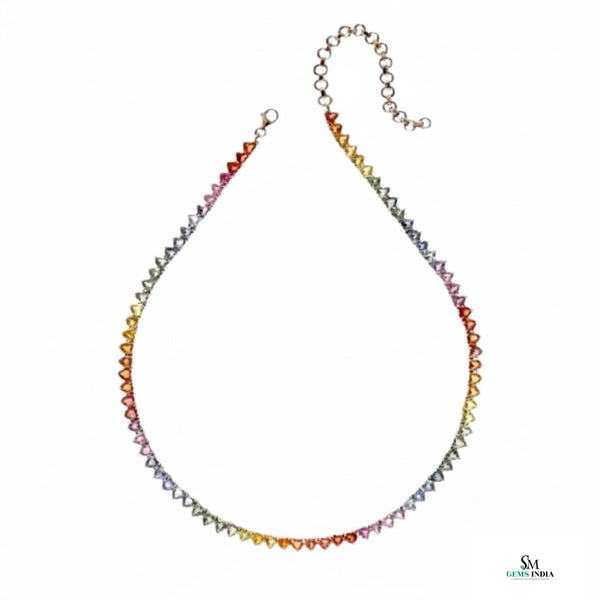 Rainbow Heart Sapphire Necklace in 14k Gold Multicolor Gemstone Tennis Chain