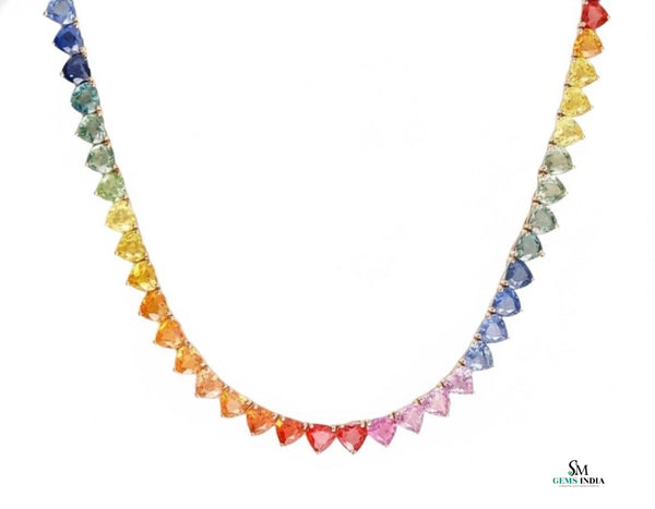 Rainbow Heart Sapphire Necklace in 14k Gold Multicolor Gemstone Tennis Chain