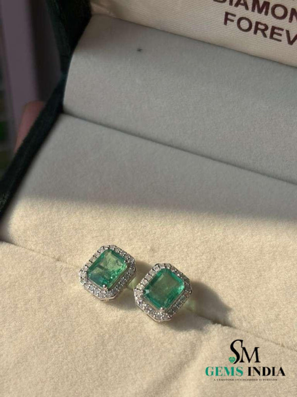 4.40 carat Timeless Green Gem Elegance Emerald Cut Green Emerald Halo Stud Earrings