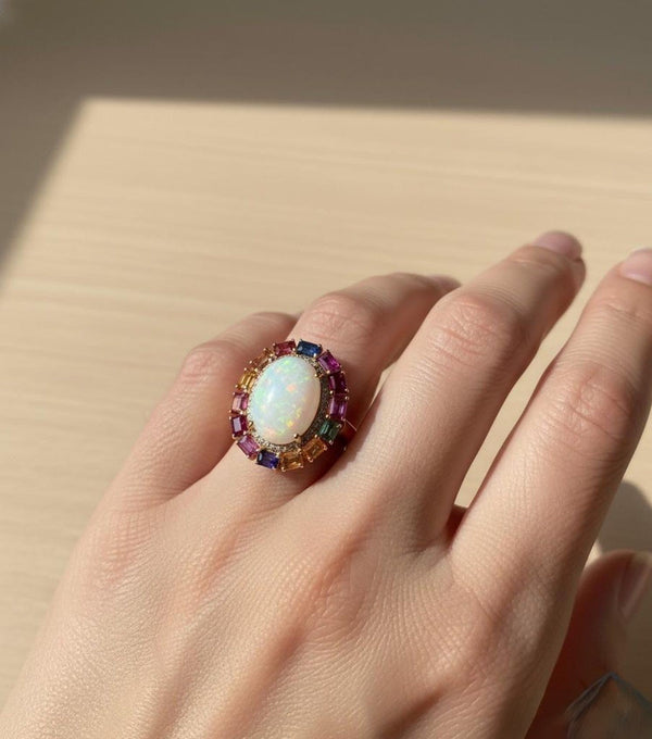 Ethiopian Opal and Rainbow Sapphire Halo Ring 14K Gold Oval and Emerald cut Gemstone Statement Ring