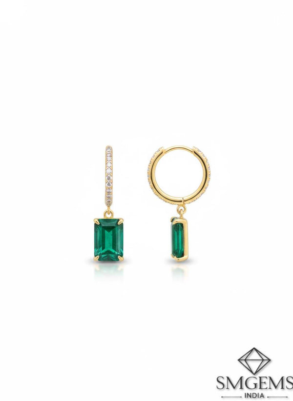 Elegant Emerald cut Natural Emerald Halo Drop Earrings in 14K Yellow Gold Geometric Design (Copy)