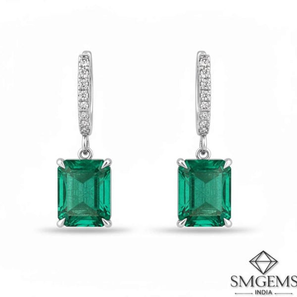 Elegant Emerald cut Natural Emerald Halo Drop Earrings in 14K Yellow Gold Geometric Design (Copy)