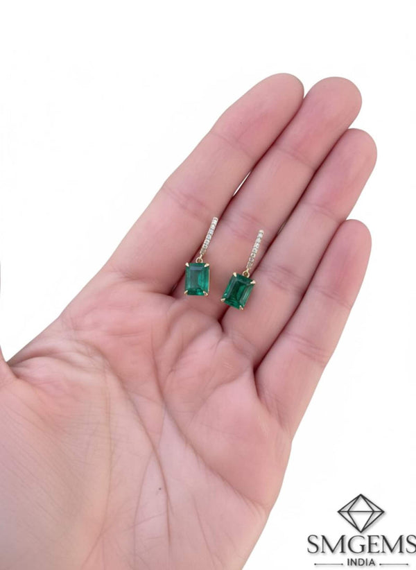 Elegant Emerald cut Natural Emerald Halo Drop Earrings in 14K Yellow Gold Geometric Design (Copy)