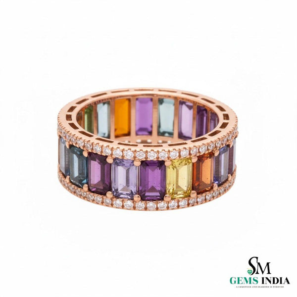 Natural Rainbow sapphire ring eternity band 14k solid gold 4 CT rainbow sapphire emerald cut ring 