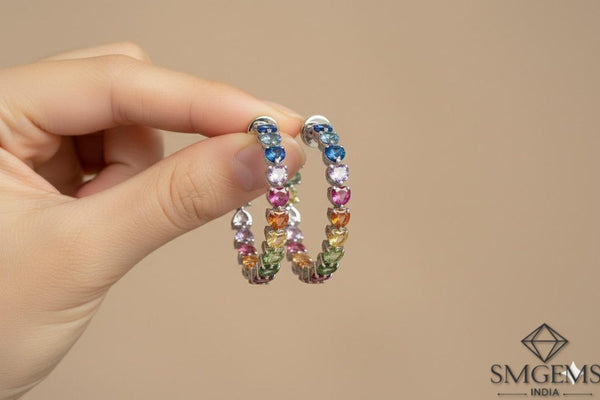 Vibrant Heart Multi Gemstone Hoop Earrings Rainbow Color Hoops in 14K Gold