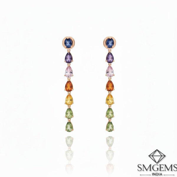 Rainbow Drop Gemstone Earrings in 14K Gold Multicolour Pear Shape Dangle Earrings