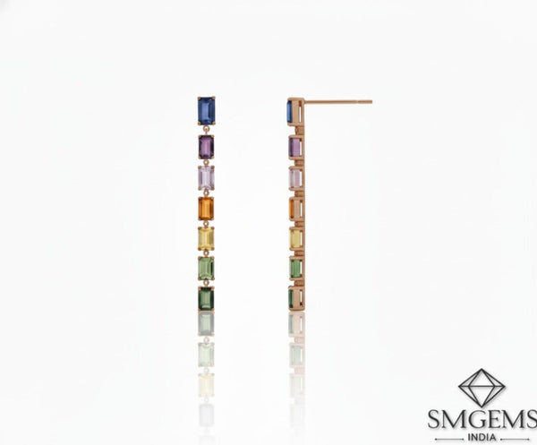 Emerald Cut Rainbow Gemstone Drop Earrings Multi-Color Long Dangle Earrings in 14K and 18K Gold
