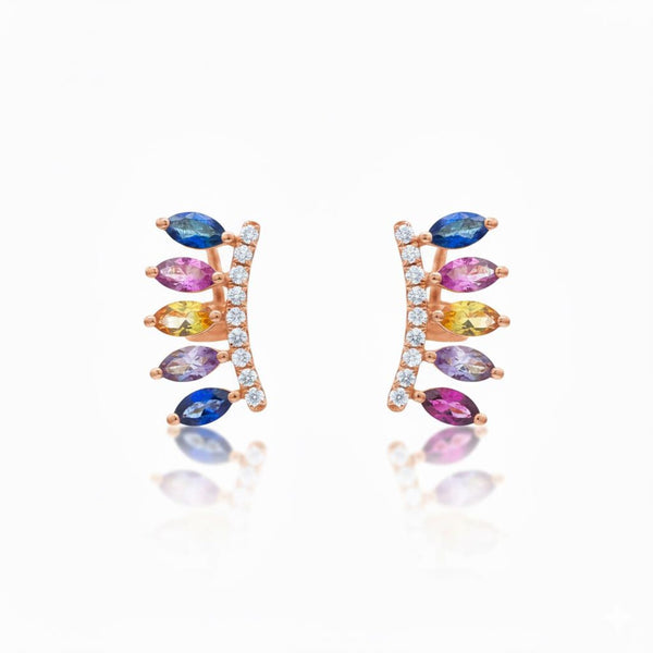 Marquise Shape Natural Rainbow Multi Sapphire And Diamond Stud Earrings - 18k Yellow Gold