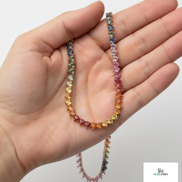 Rainbow Heart Sapphire Necklace in 14k Gold Multicolor Gemstone Tennis Chain