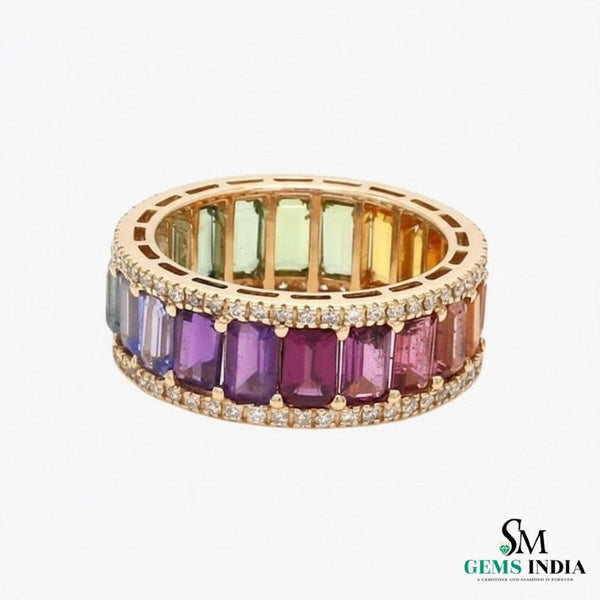Natural Rainbow sapphire ring eternity band 14k solid gold 4 CT rainbow sapphire emerald cut ring 