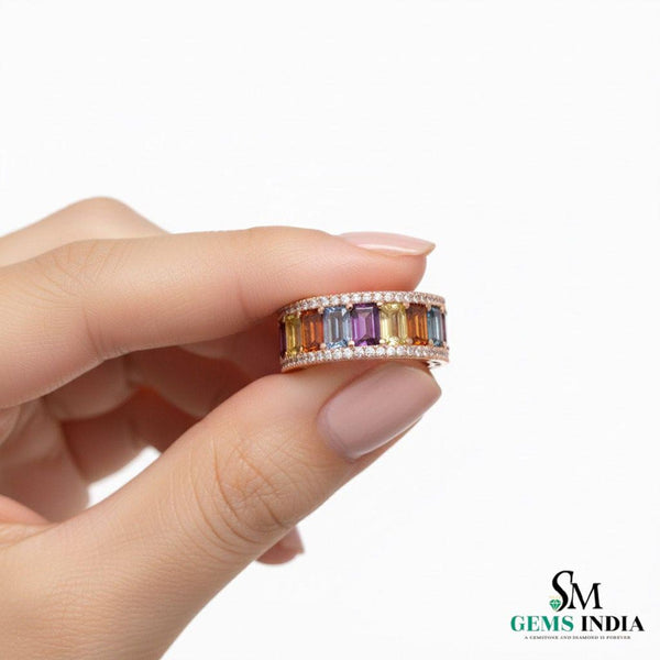 Natural Rainbow sapphire ring eternity band 14k solid gold 4 CT rainbow sapphire emerald cut ring 