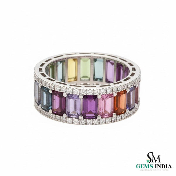 Natural Rainbow sapphire ring eternity band 14k solid gold 4 CT rainbow sapphire emerald cut ring 