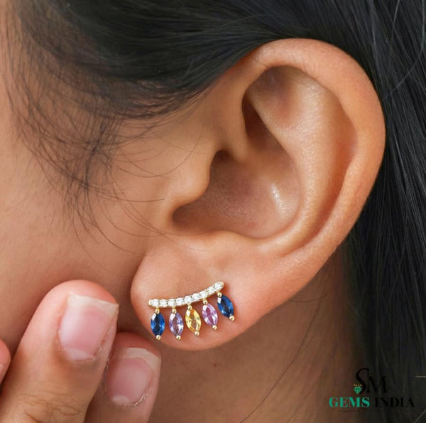 Marquise Shape Natural Rainbow Multi Sapphire And Diamond Stud Earrings - 18k Yellow Gold
