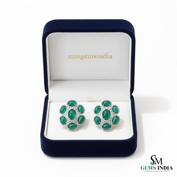 9.50 carat Oval cabochon Emerald Cluster Stud Earrings with Diamond Halo in 14k and 18k gold