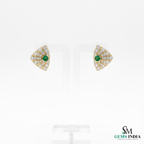 1.30 carat Round shaped Natural Emerald Diamond Triangle Stud Earrings in 14k Gold