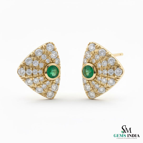 1.30 carat Round shaped Natural Emerald Diamond Triangle Stud Earrings in 14k Gold