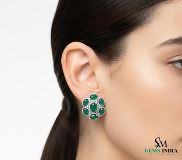9.50 carat Oval cabochon Emerald Cluster Stud Earrings with Diamond Halo in 14k and 18k gold