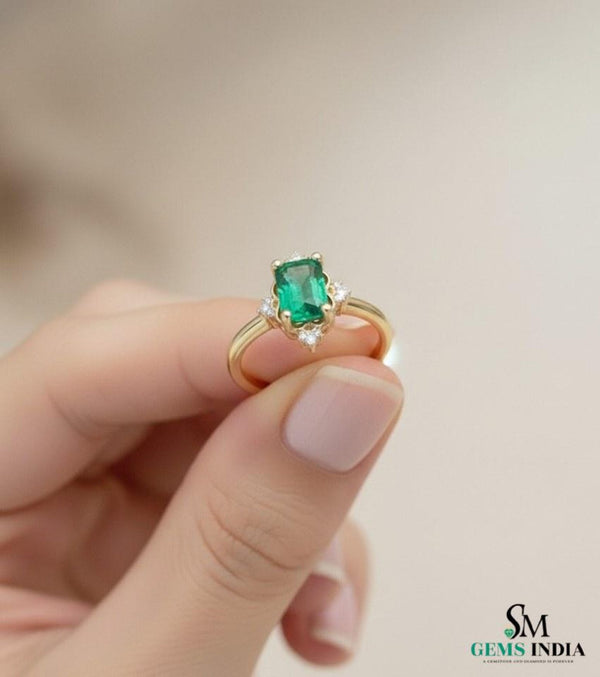 Emerald Cut Natural Emerald May Birthstone Women Engagement Ring 14k Fine Jewelry Gold Ring