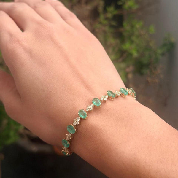 Oval cut Natural Zambian Emerald and Diamond Bracelet - 18K Solid Gold May Birthstone