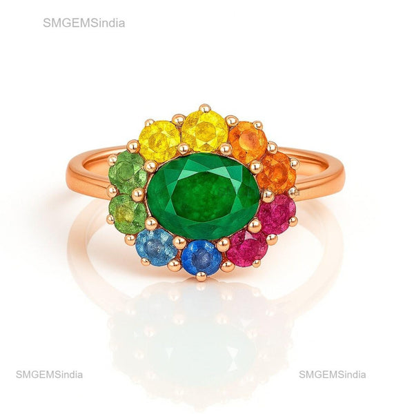 Natural Emerald rainbow sapphire halo ring gold | Natural 2.50 ctw oval emerald halo wedding ring gold | Emerald cut ring gold