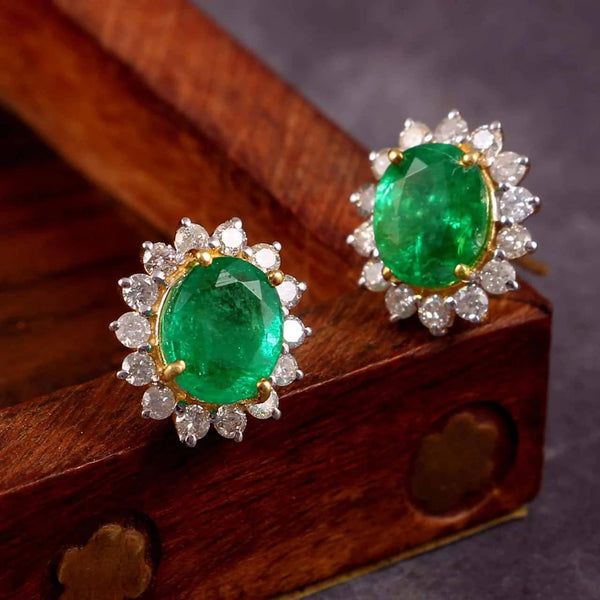 Real Emerald And Diamond Stud Earrings For Womens / Oval Emerald Earrings For Anniversary Gift