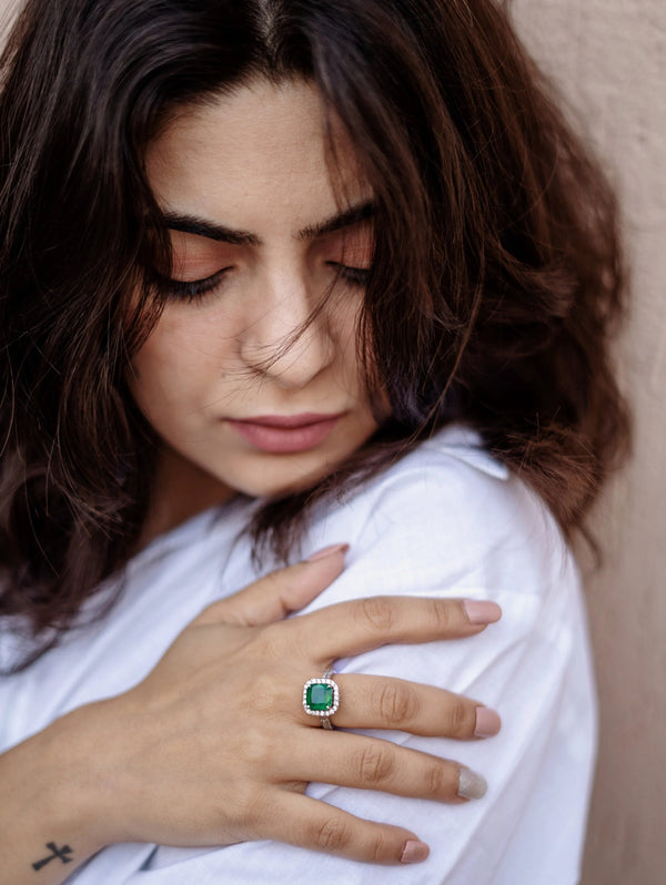 I.G.I Certified Natural Cushion Emerald And Diamond Engagement Ring / 14k White Gold May Birthstone Women Gift Ring