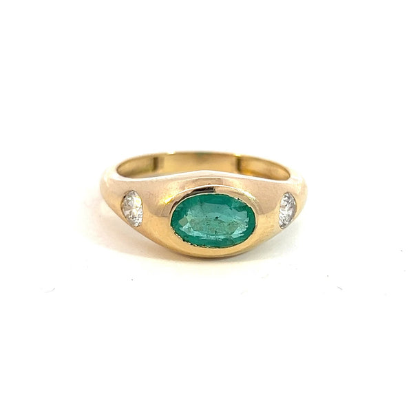 Oval Shape Natural Zambian Emerald And Diamond Engagement Ring / Collet Setting Real Emerald Women Gift Ring / 18K Gold Ring