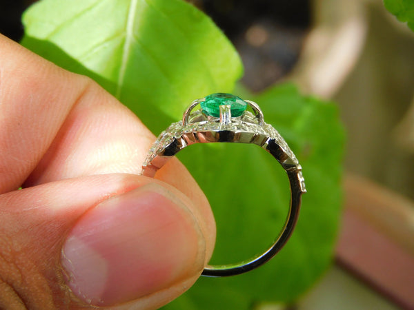 Oval Raw Emerald And Diamond Anniversary Ring / Wedding Ring For Womens / May Birthstone Ring/ Mother's Day Gift