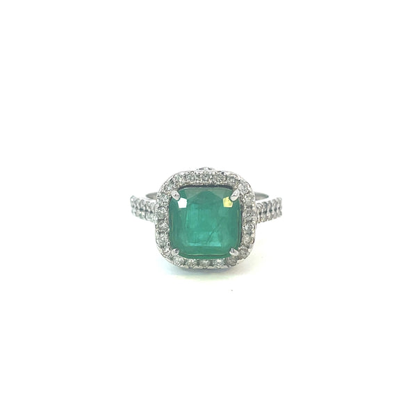 I.G.I Certified Natural Cushion Emerald And Diamond Engagement Ring / 14k White Gold May Birthstone Women Gift Ring