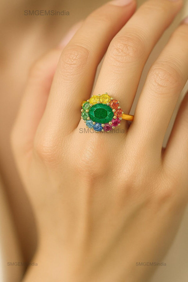 Natural Emerald rainbow sapphire halo ring gold | Natural 2.50 ctw oval emerald halo wedding ring gold | Emerald cut ring gold