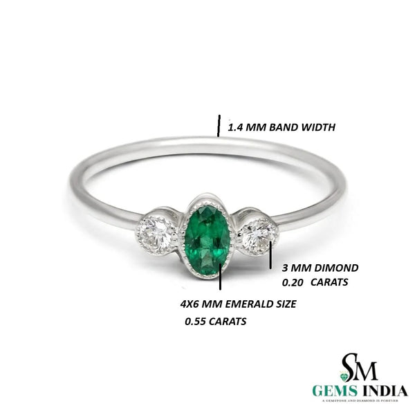 Fine 14K Gold Oval Emerald Ring with Two Round Diamonds