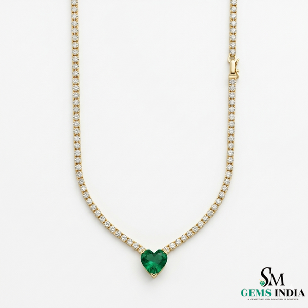 Luxury Heart Cut Emerald Necklace with Diamond Tennis Chain
