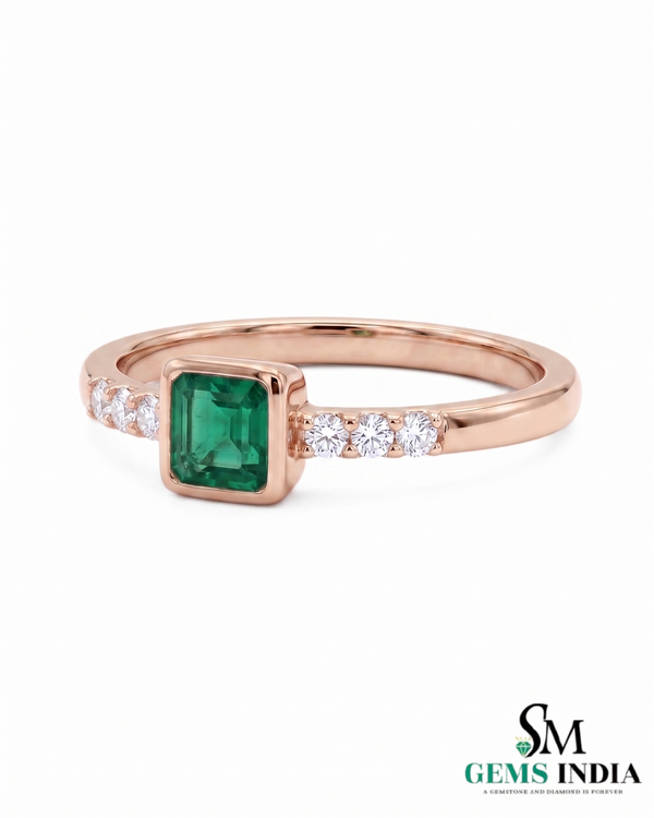 Octagon Cut Emerald Bezel Set Ring with Diamond Accent Band