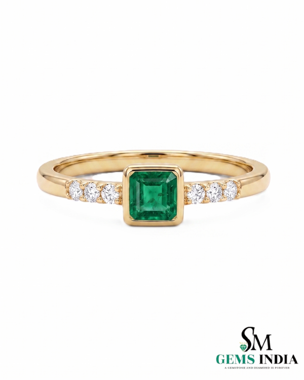 Octagon Cut Emerald Bezel Set Ring with Diamond Accent Band