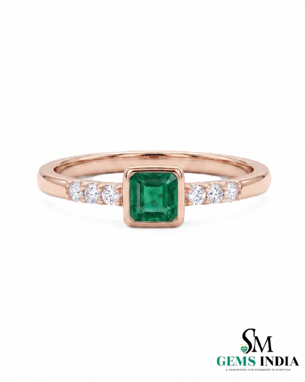 Octagon Cut Emerald Bezel Set Ring with Diamond Accent Band