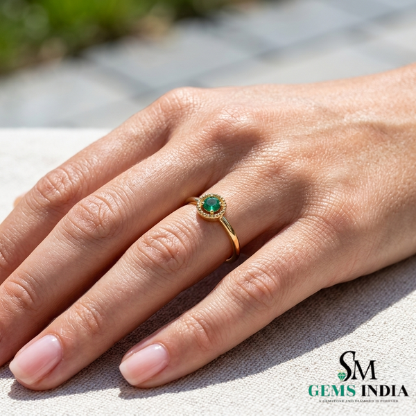 Round Emerald Halo Ring - Delicate Everyday Gold Jewelry