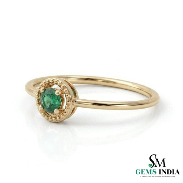 Round Emerald Halo Ring - Delicate Everyday Gold Jewelry